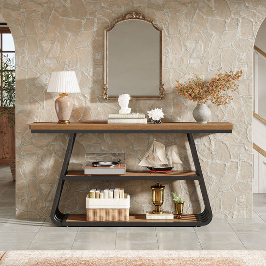 55" Console Table, 3-Tier Sofa Table With Iron Frame For Living Room