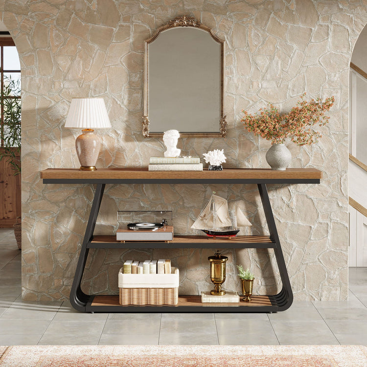 55" Console Table, 3-Tier Sofa Table With Iron Frame For Living Room