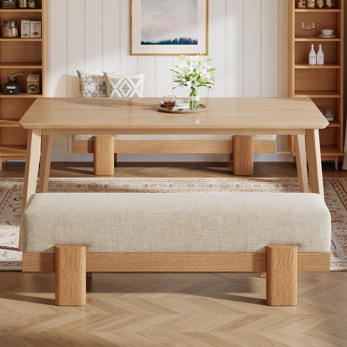 55" Dining Bench, Modern Upholstered Kitchen Benches with Fabric Padded Seat