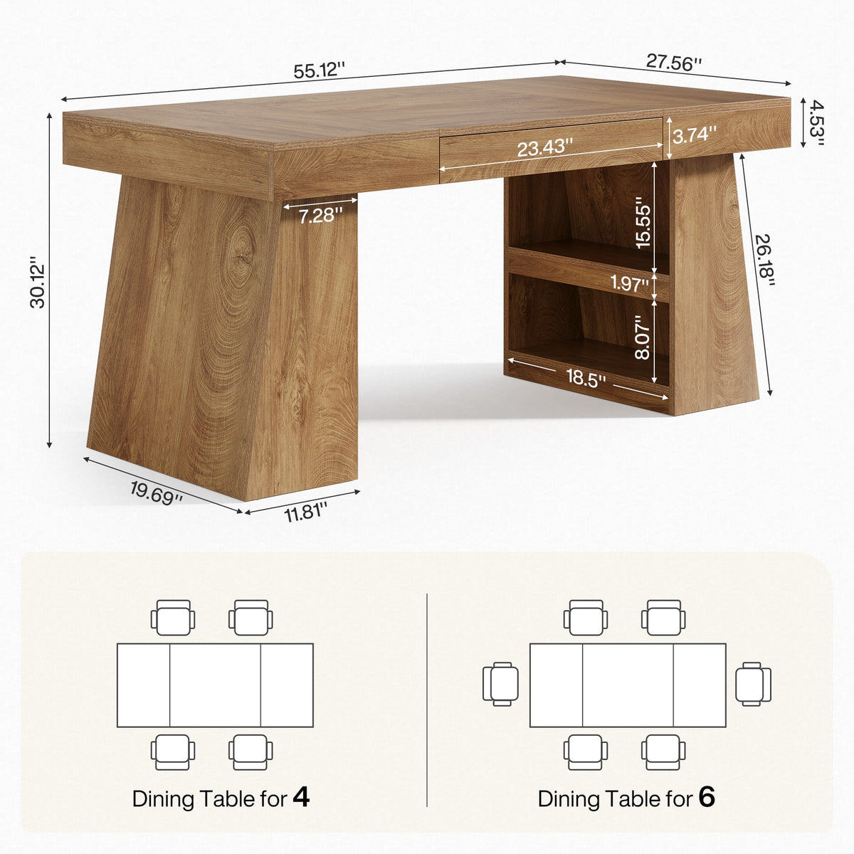 55" Dining Table, Wooden Kitchen Dinner Table with Storage Drawer for 4-6 People