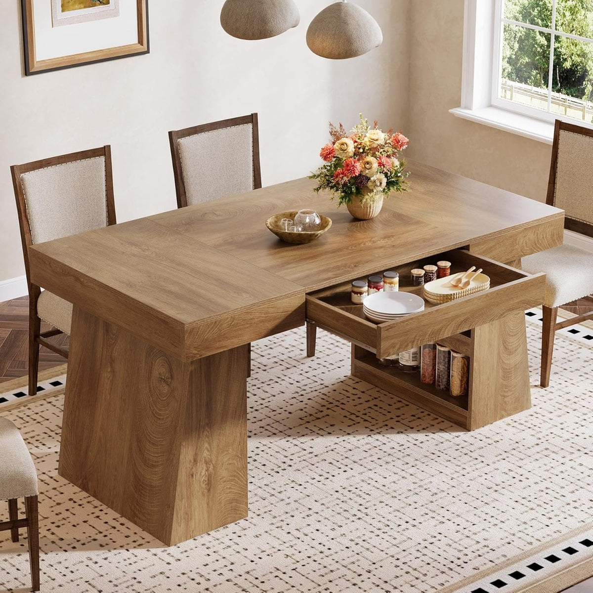 55" Dining Table, Wooden Kitchen Dinner Table with Storage Drawer for 4-6 People