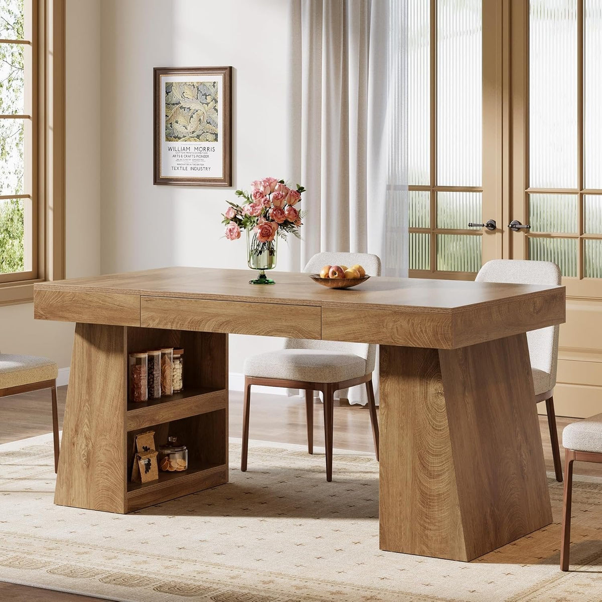 55" Dining Table, Wooden Kitchen Dinner Table with Storage Drawer for 4-6 People