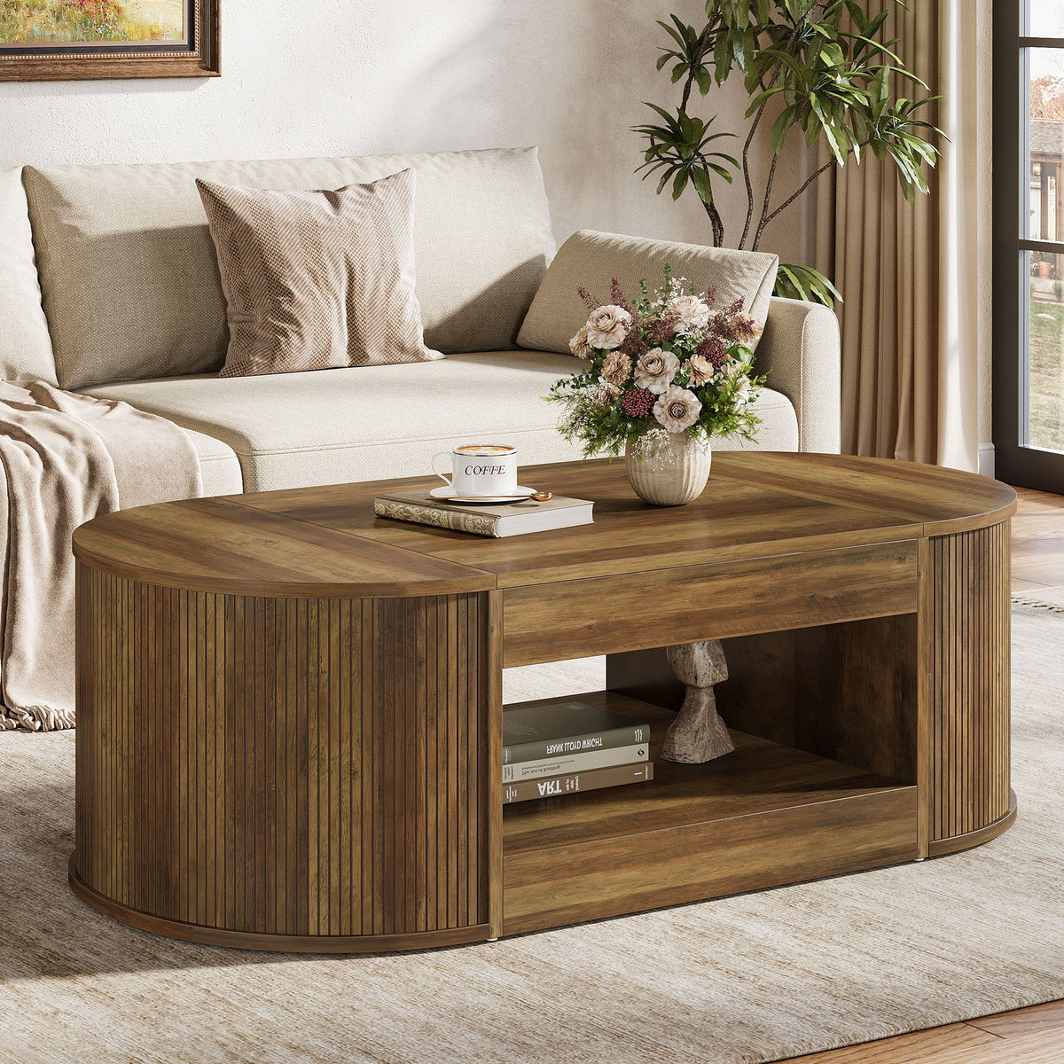 55" Farmhouse Coffee Table, 2-Tier Oval Center Table Tea Table  with Storage