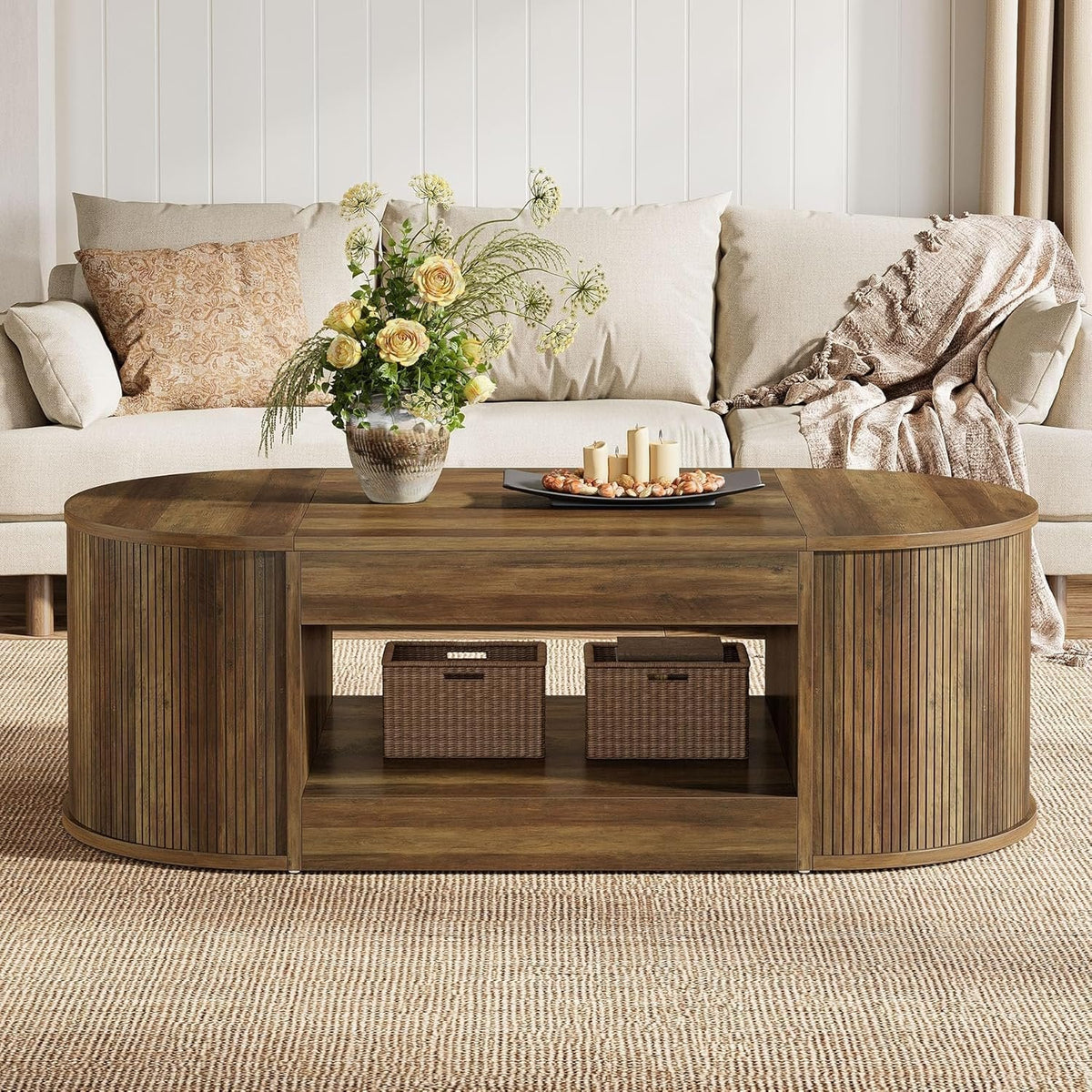 55" Farmhouse Coffee Table, 2-Tier Oval Center Table Tea Table  with Storage