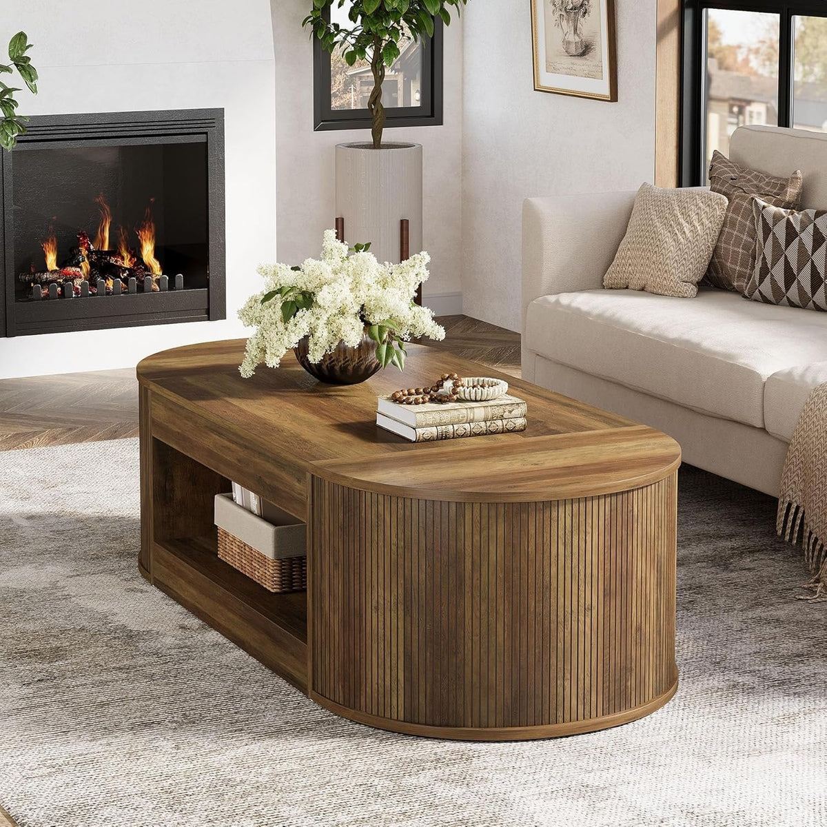 55" Farmhouse Coffee Table, 2-Tier Oval Center Table Tea Table  with Storage