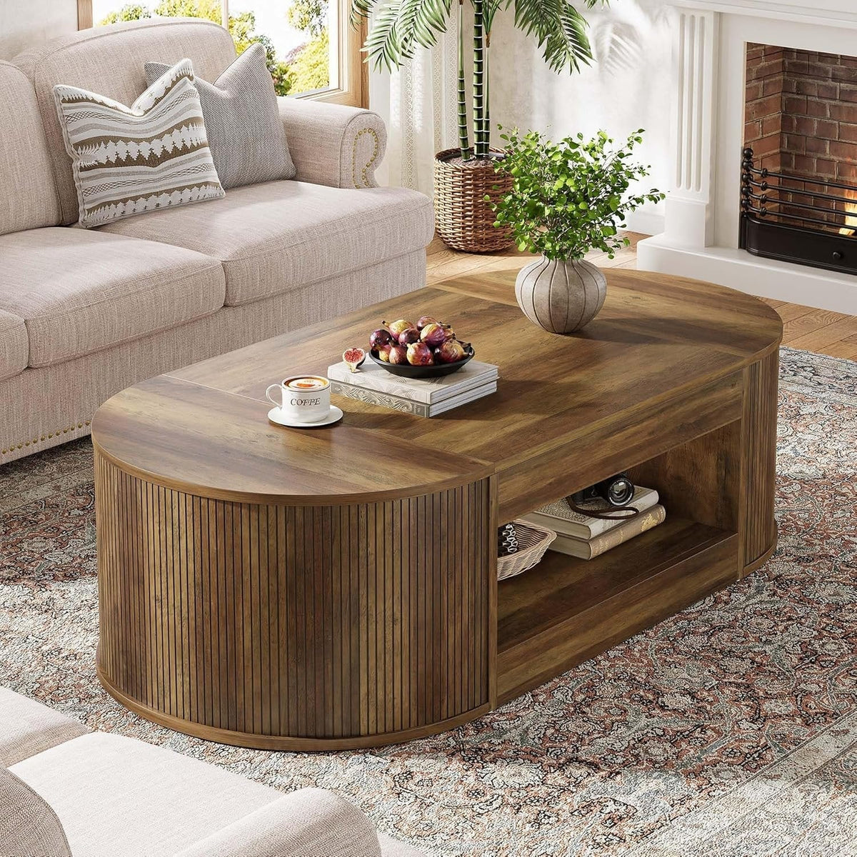 55" Farmhouse Coffee Table, 2-Tier Oval Center Table Tea Table  with Storage