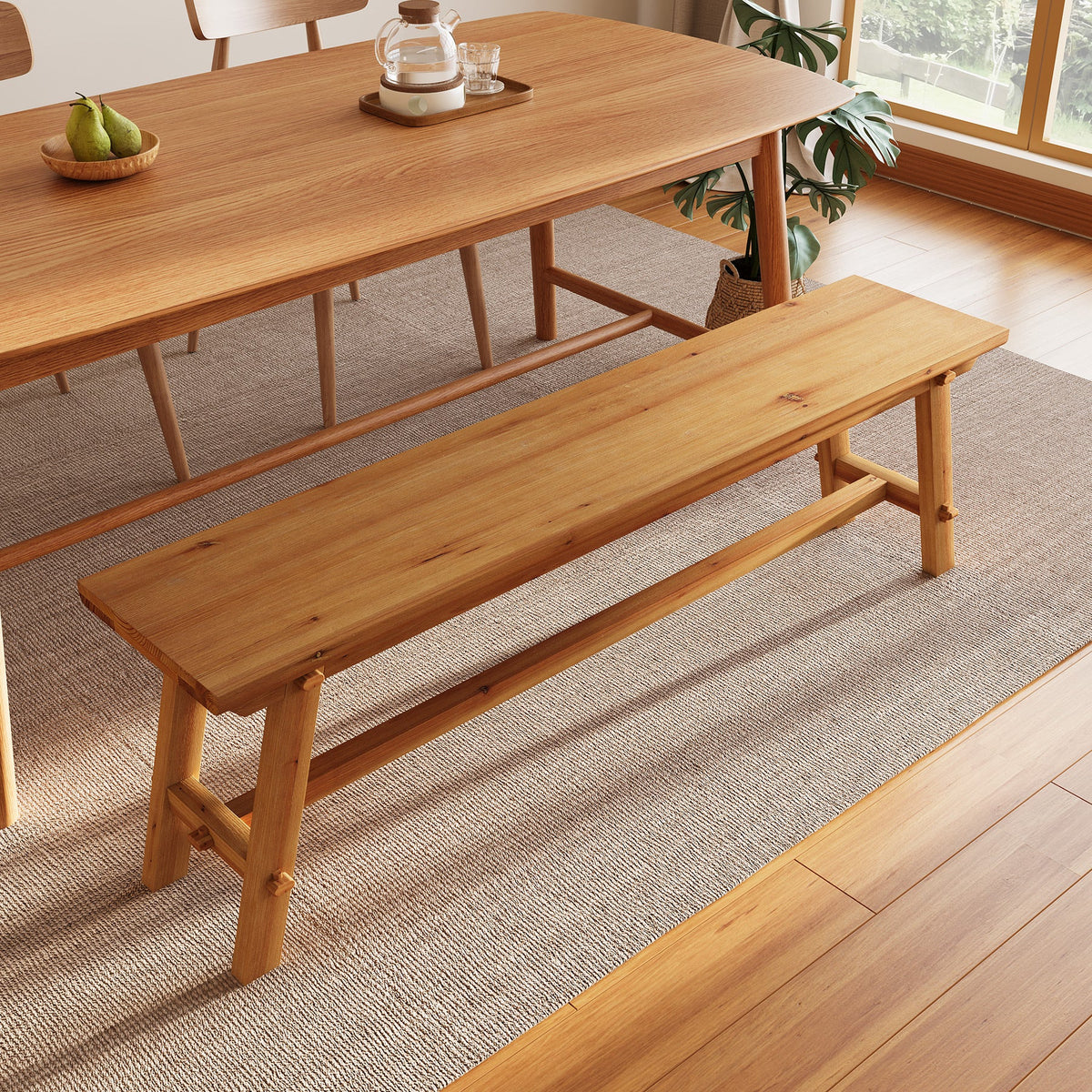 55" Farmhouse Dining Bench, Solid Wood Kitchen Table Bench with Sturdy Frame