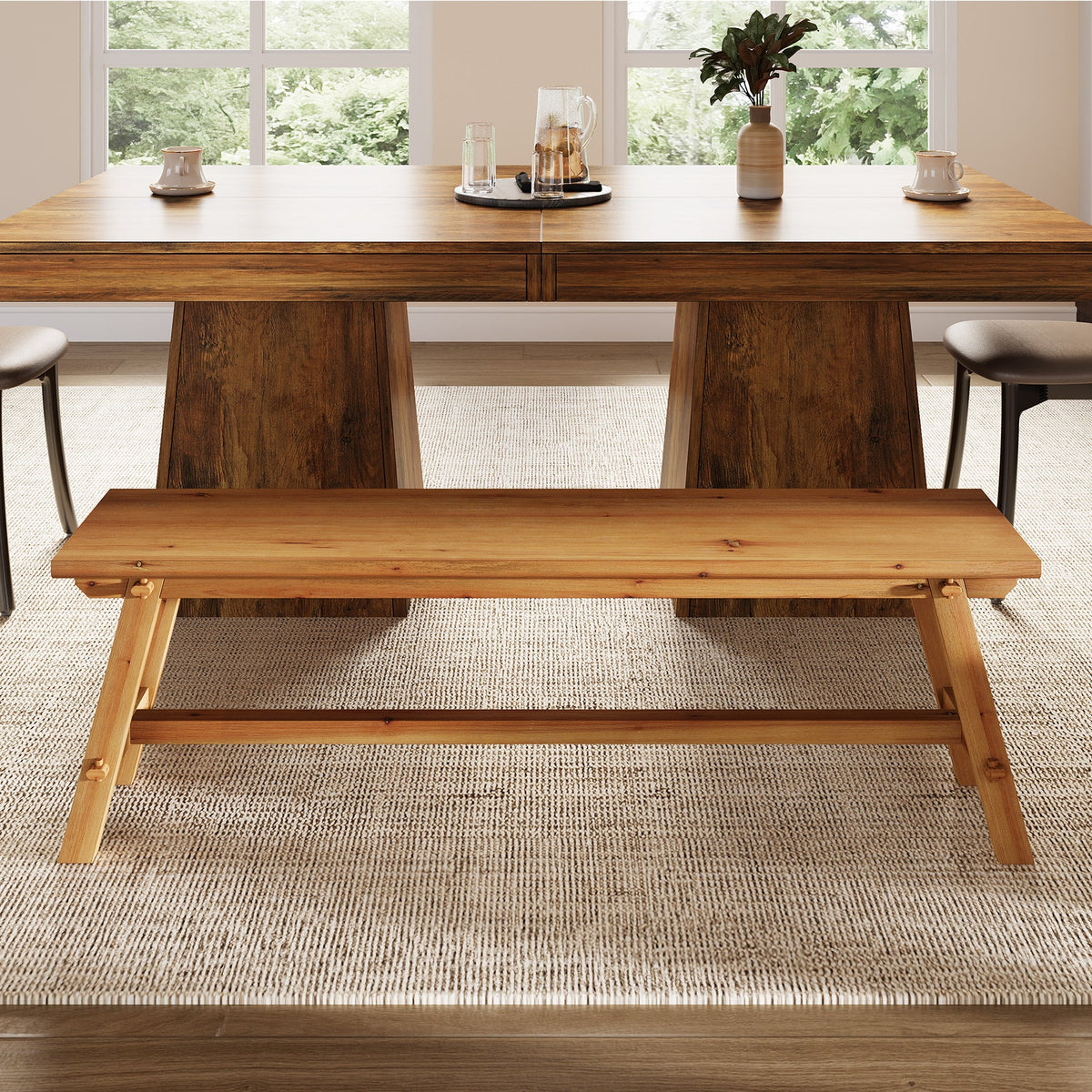 55" Farmhouse Dining Bench, Solid Wood Kitchen Table Bench with Sturdy Frame