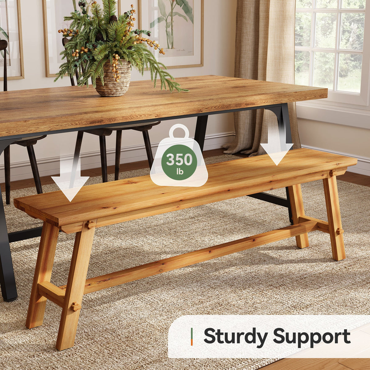 55" Farmhouse Dining Bench, Solid Wood Kitchen Table Bench with Sturdy Frame