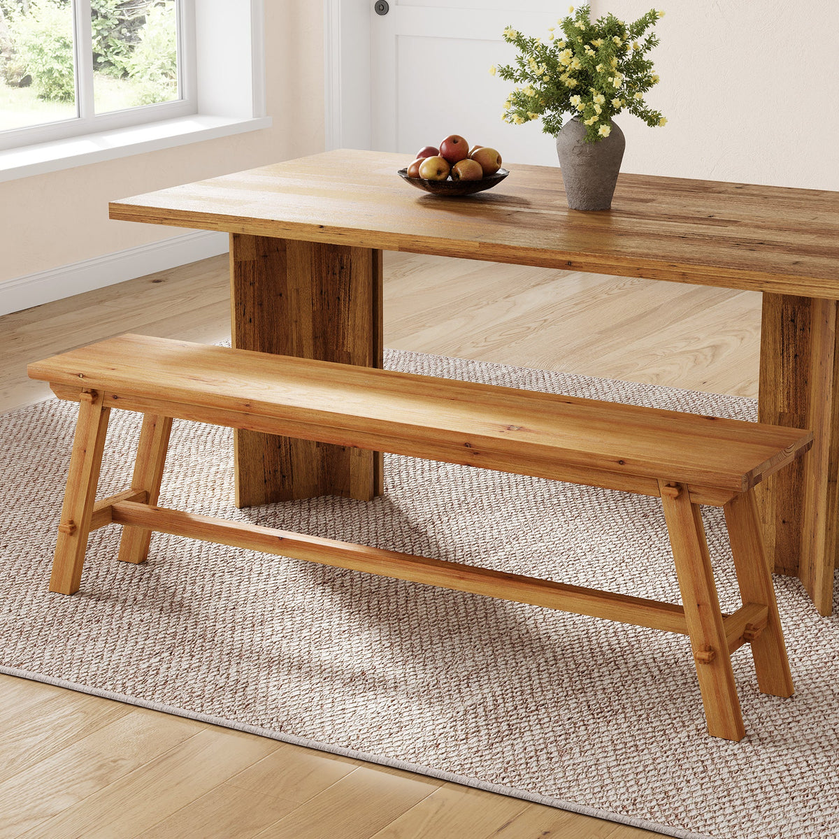 55" Farmhouse Dining Bench, Solid Wood Kitchen Table Bench with Sturdy Frame