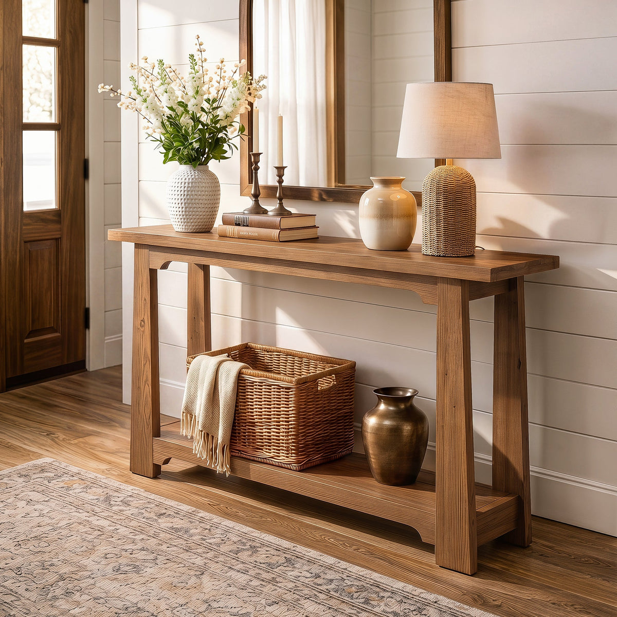 55" Solid Wood Console Table, Farmhouse Entryway Table with Storage Shelf for Hallway