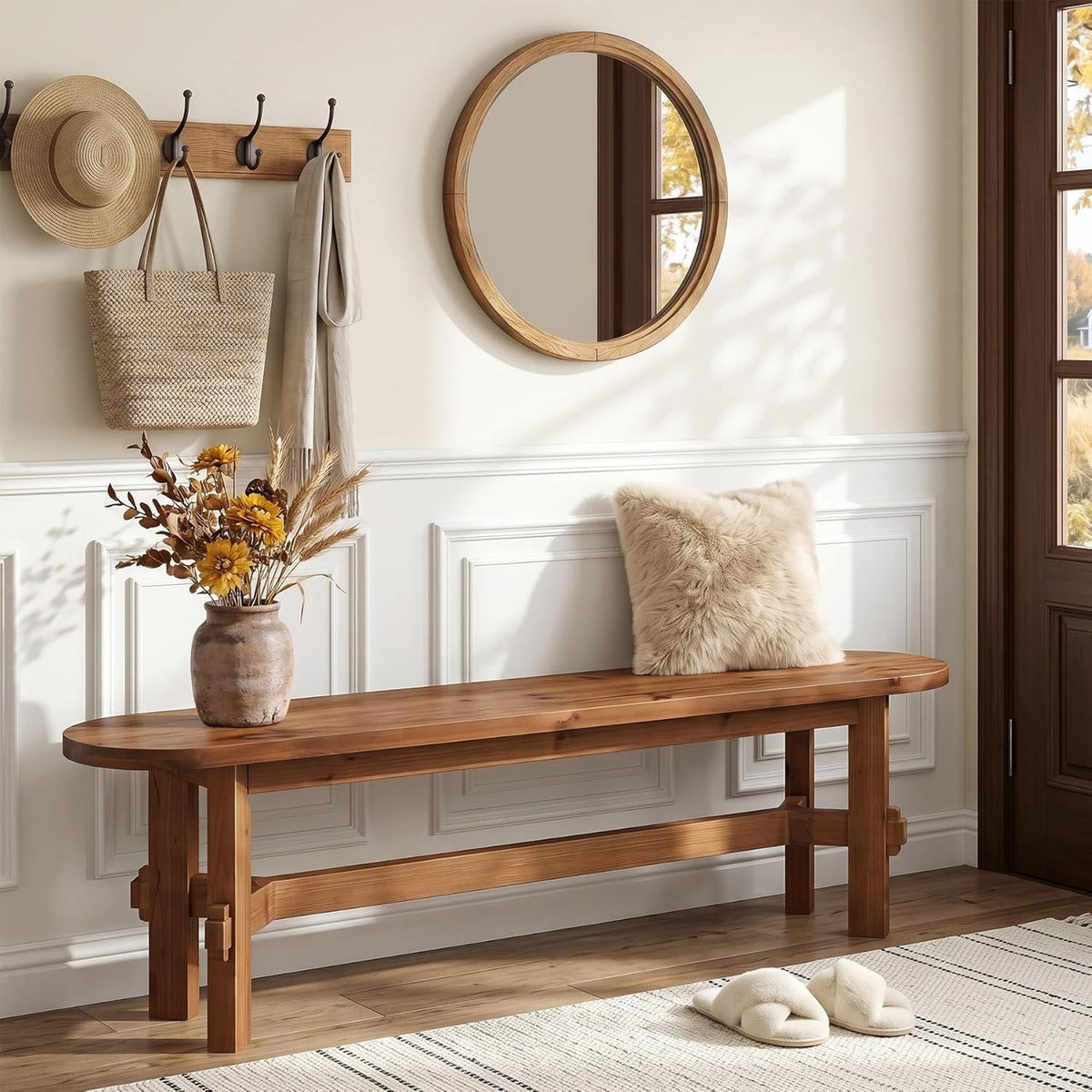 55" Solid Wood Entryway Bench, Shoe Storage Bench for Hallway, Bedroom, Living Room