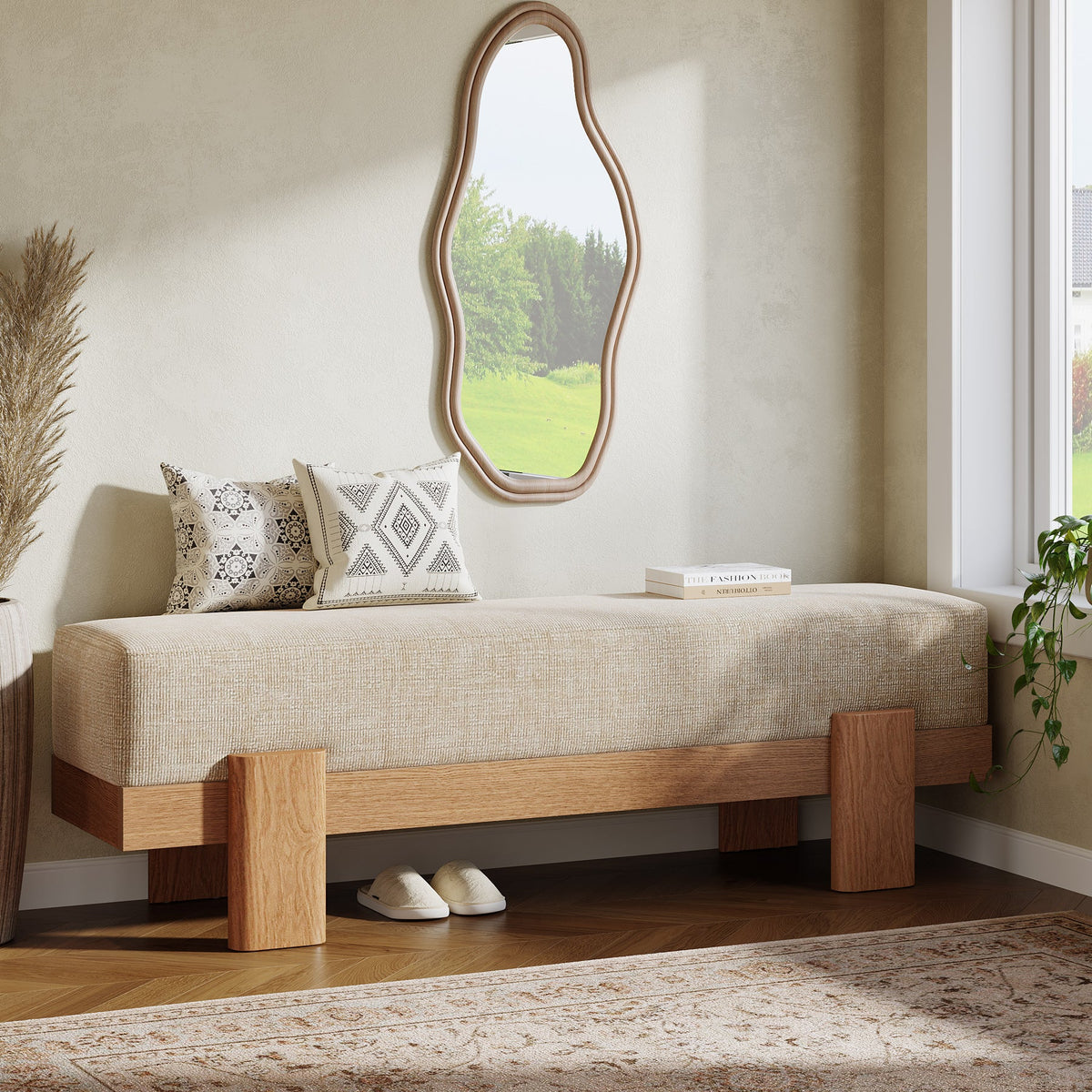 55" Upholstered Entryway Bench, Shoe Bench End of Bed Stool with MDF Frame