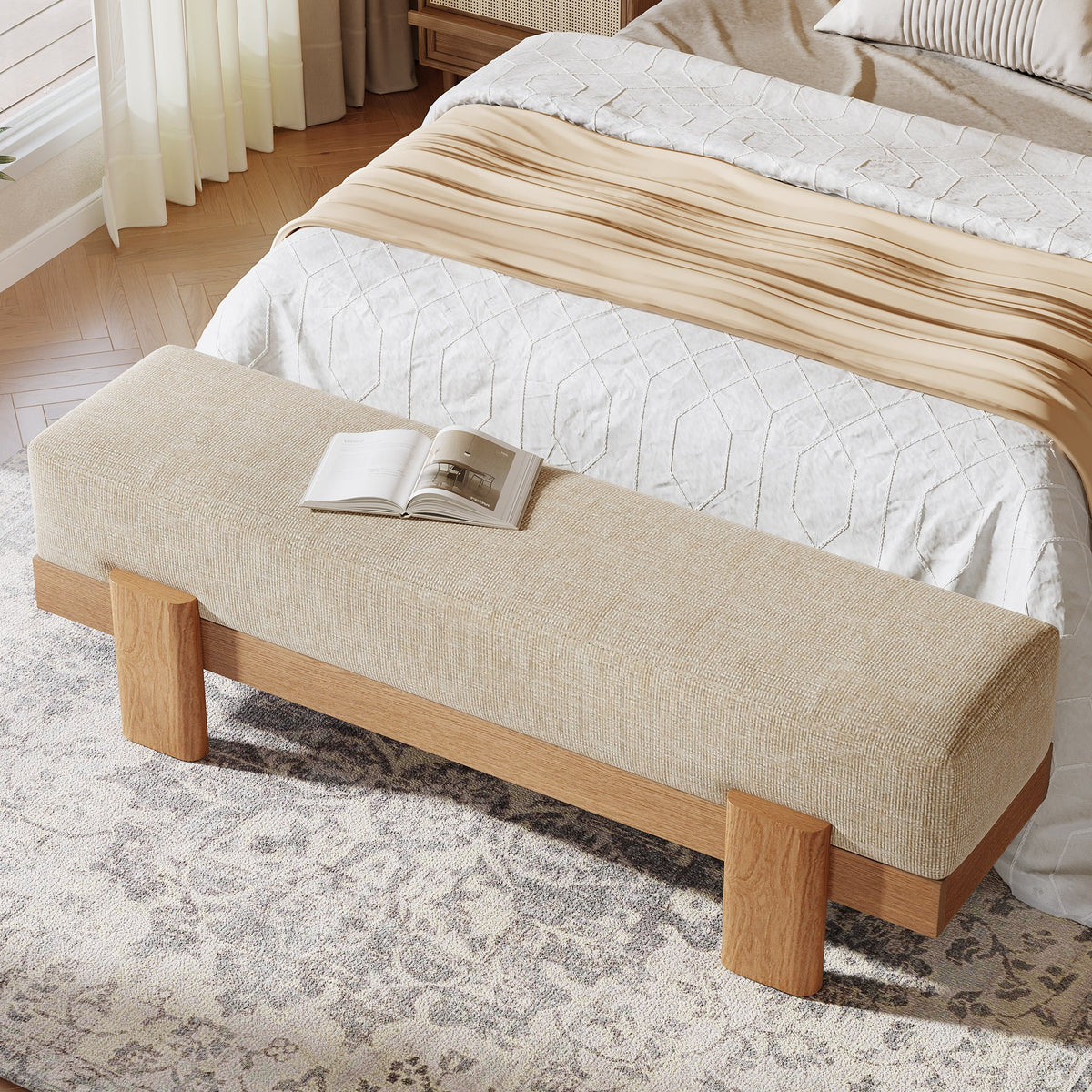 55" Upholstered Entryway Bench, Shoe Bench End of Bed Stool with MDF Frame