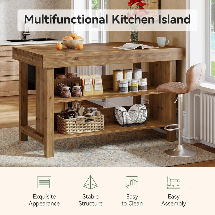 55" Wood Kitchen Island, 3-Tier Farmhouse Counter Height Coffee Bar