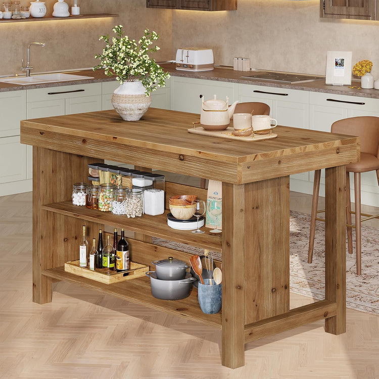 55" Wood Kitchen Island, 3-Tier Farmhouse Counter Height Coffee Bar