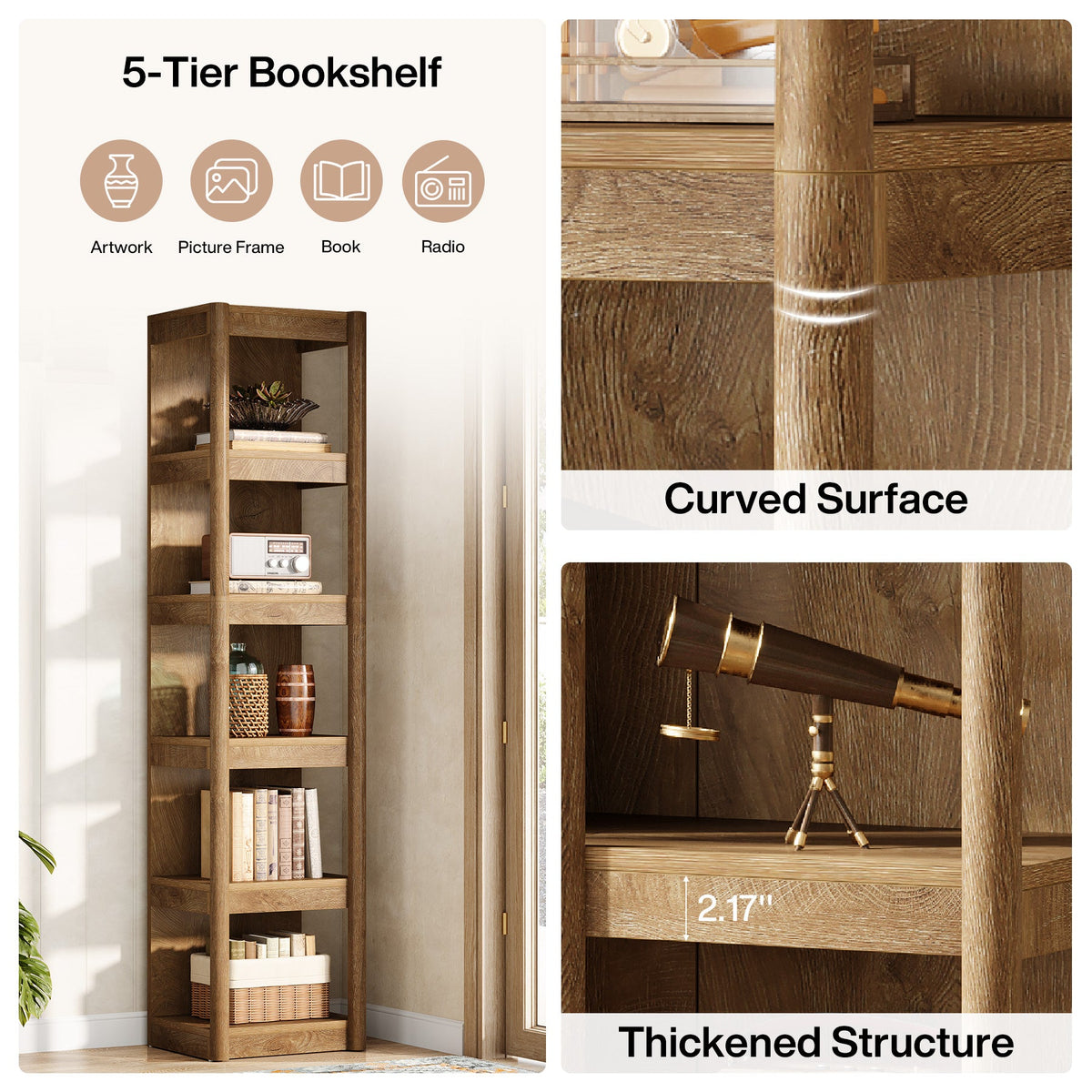 5-Tier Narrow Bookcase, 70.9" Farmhouse Bookshelf with Open Storage Rack