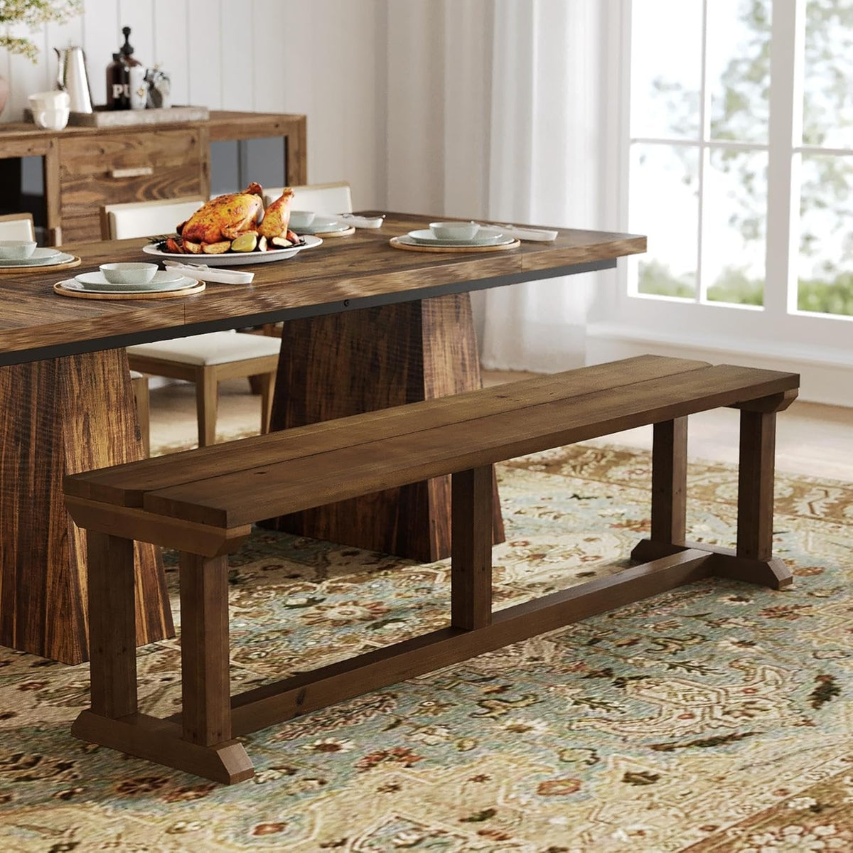 59" Dining Bench, Wood Farmhouse Entryway Bench Kitchen Table Seat for Dining Room