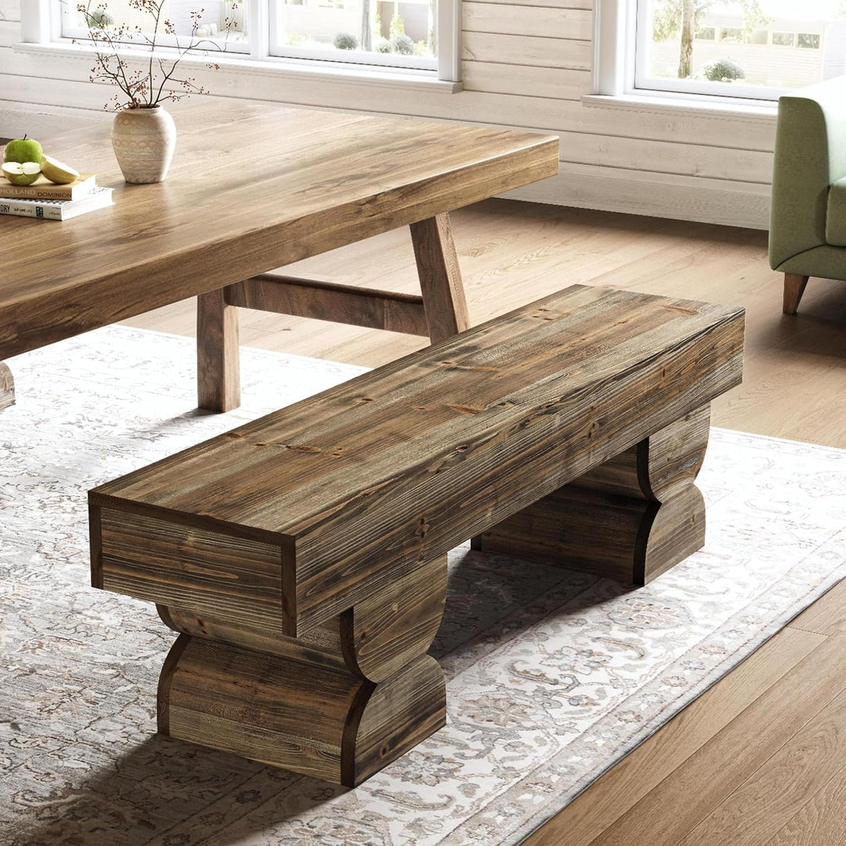 59" Dining Bench, Wood Kitchen Stool with Sturdy Double Pedestal