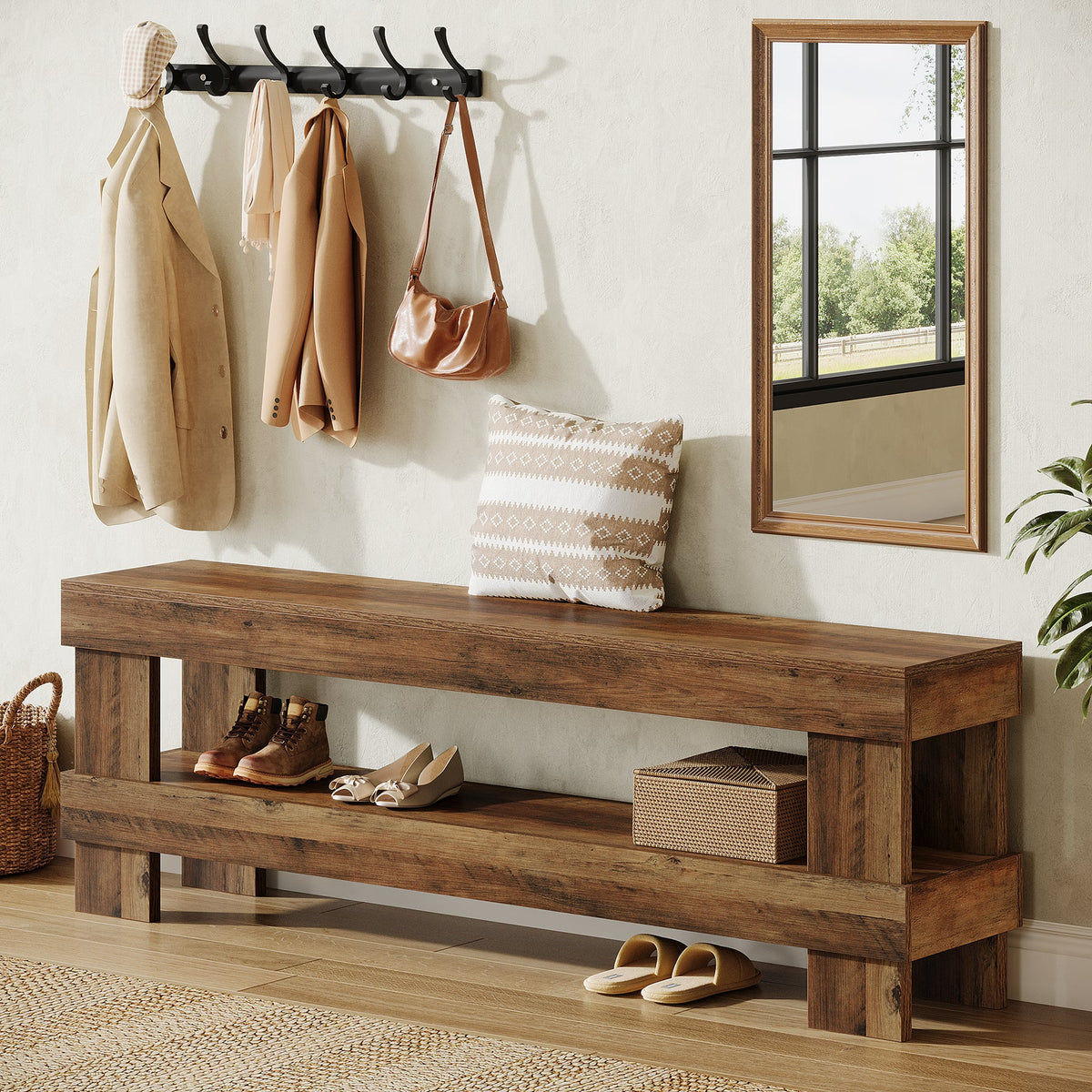 59" Entryway Bench, 2-Tier Shoe Bench Seat End of Bed Storage Benches