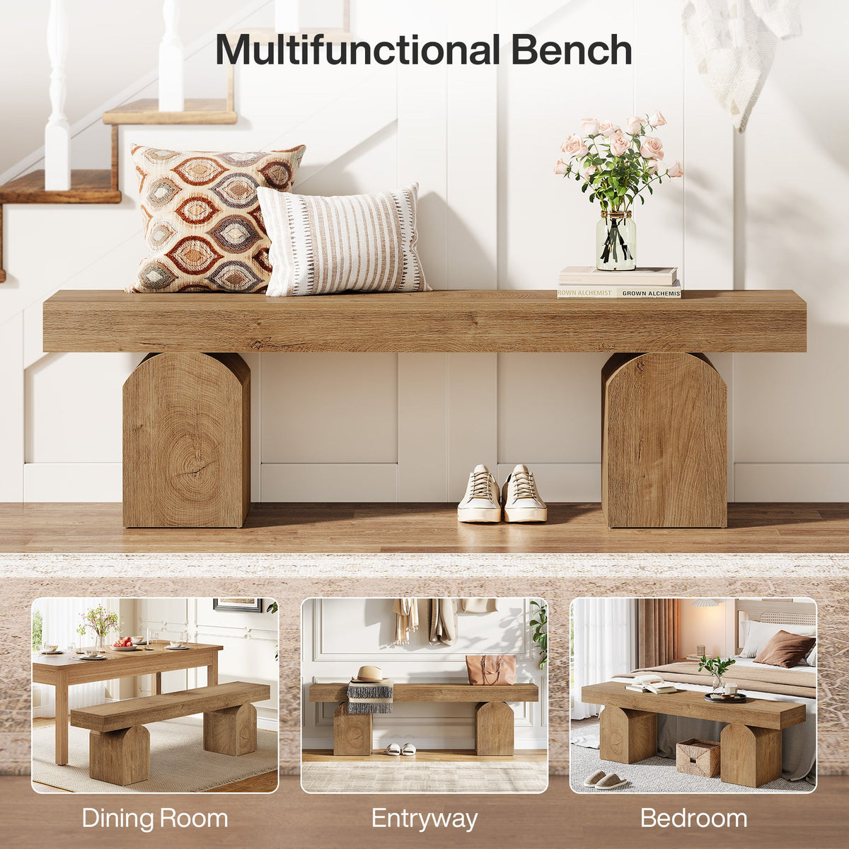 59" Entryway Bench, Long Shoe Bench with Arched Bases for Entry Way