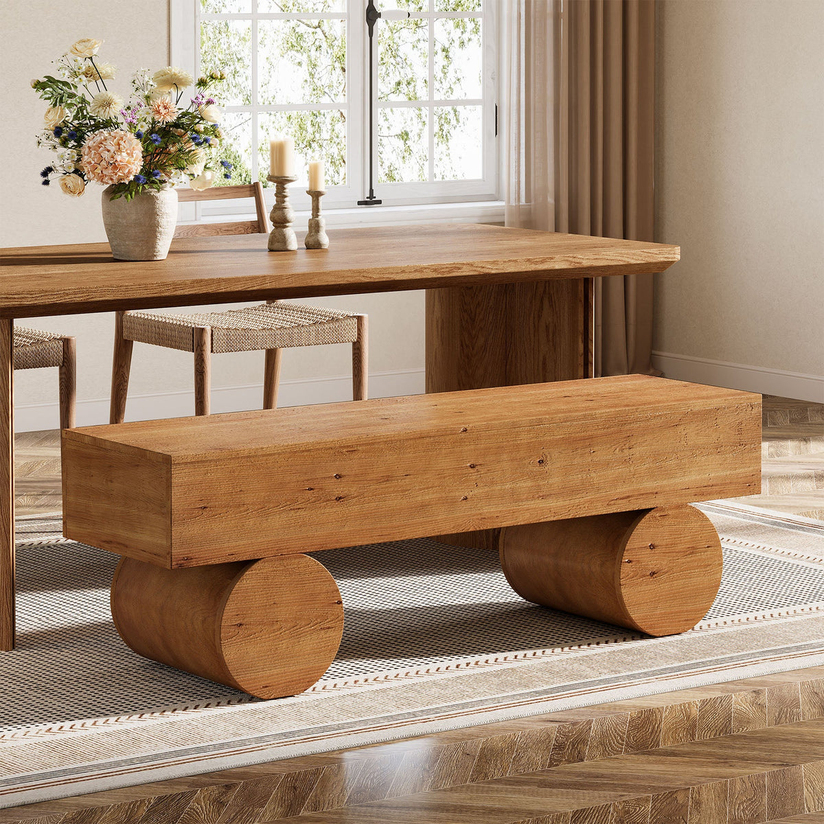 59" Farmhouse Dining Bench, Solid Wood Kitchen Table Bench with Thickened Seat