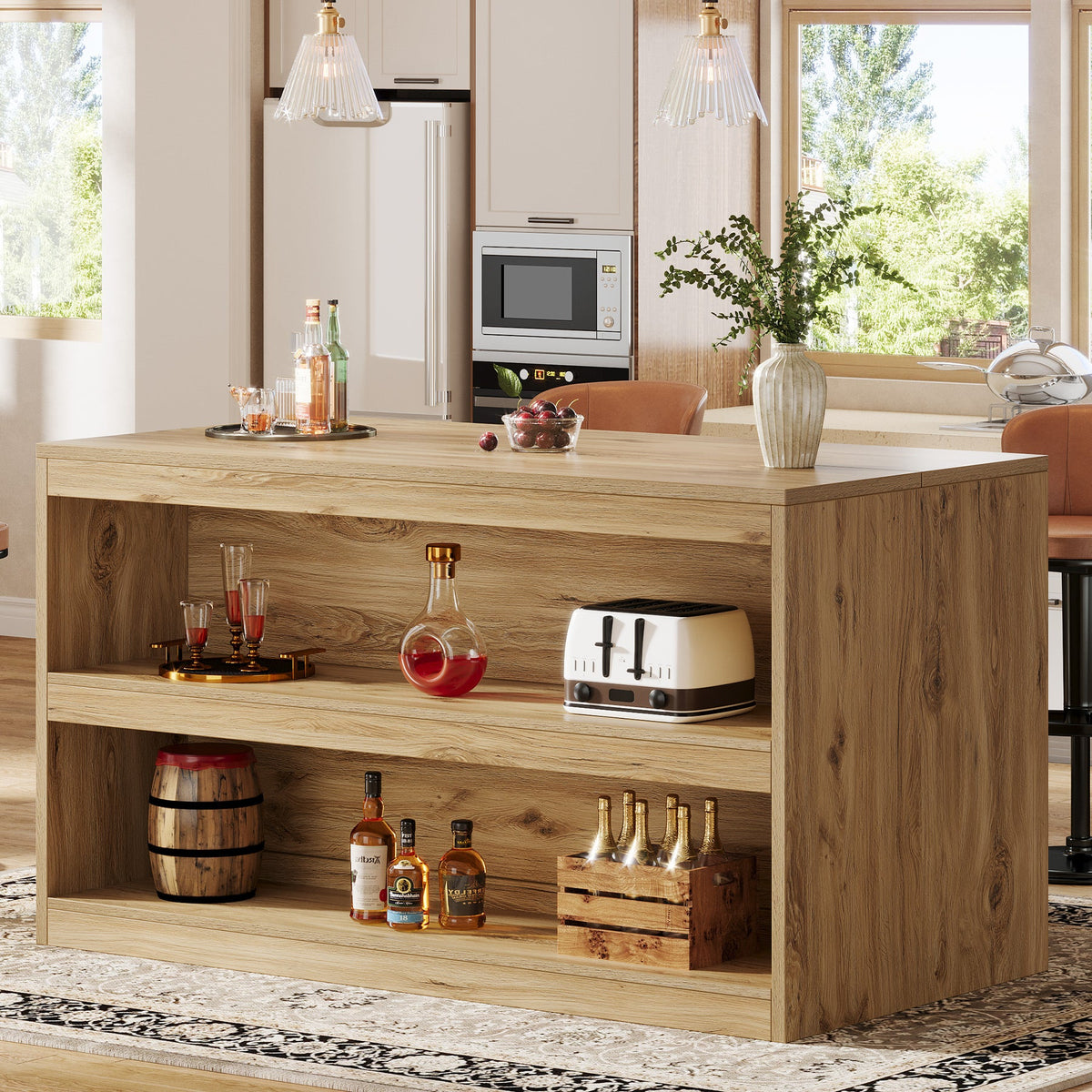 59" Home Bar Table, Rectangular Pub Table Coffee Bar Cabinet with 2-Tier Open Shelves