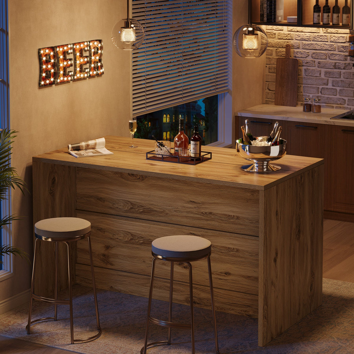 59" Home Bar Table, Rectangular Pub Table Coffee Bar Cabinet with 2-Tier Open Shelves