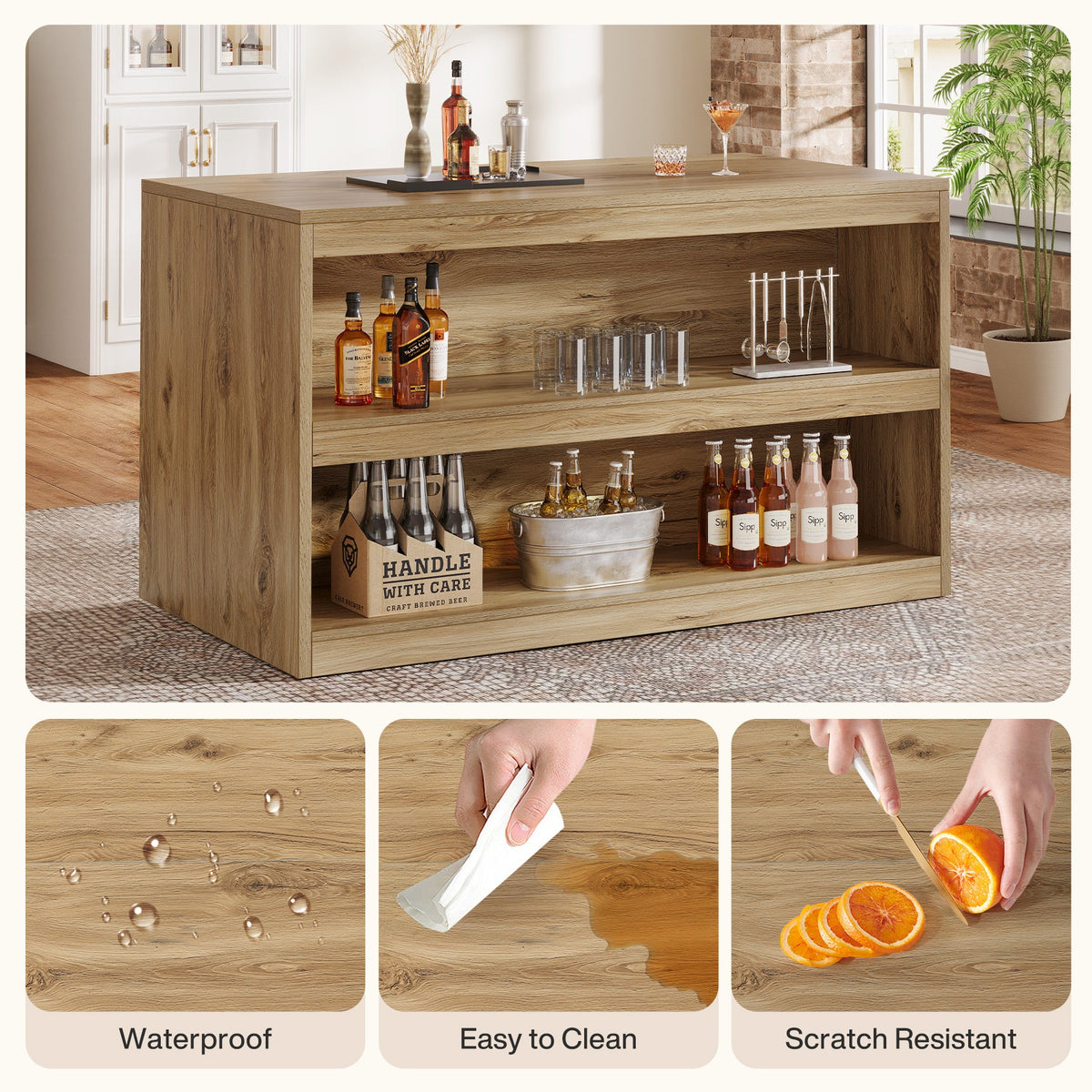 59" Home Bar Table, Rectangular Pub Table Coffee Bar Cabinet with 2-Tier Open Shelves