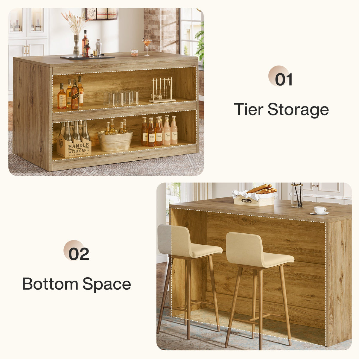 59" Home Bar Table, Rectangular Pub Table Coffee Bar Cabinet with 2-Tier Open Shelves
