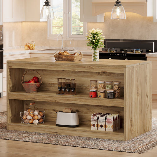 59" Kitchen Island, 3-Tier Farmhouse Stationary Island Table with Storage