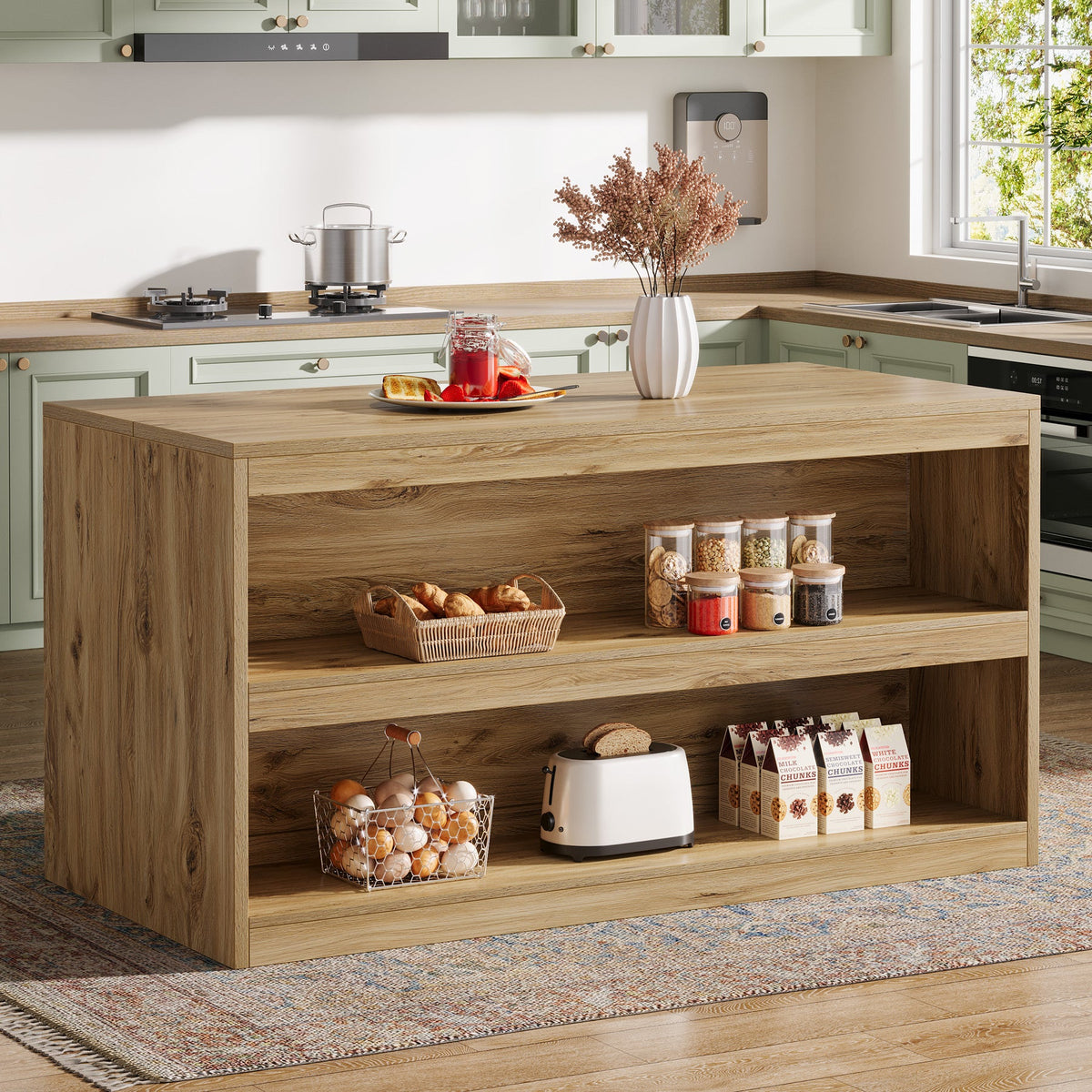 59" Kitchen Island, 3-Tier Farmhouse Stationary Island Table with Storage