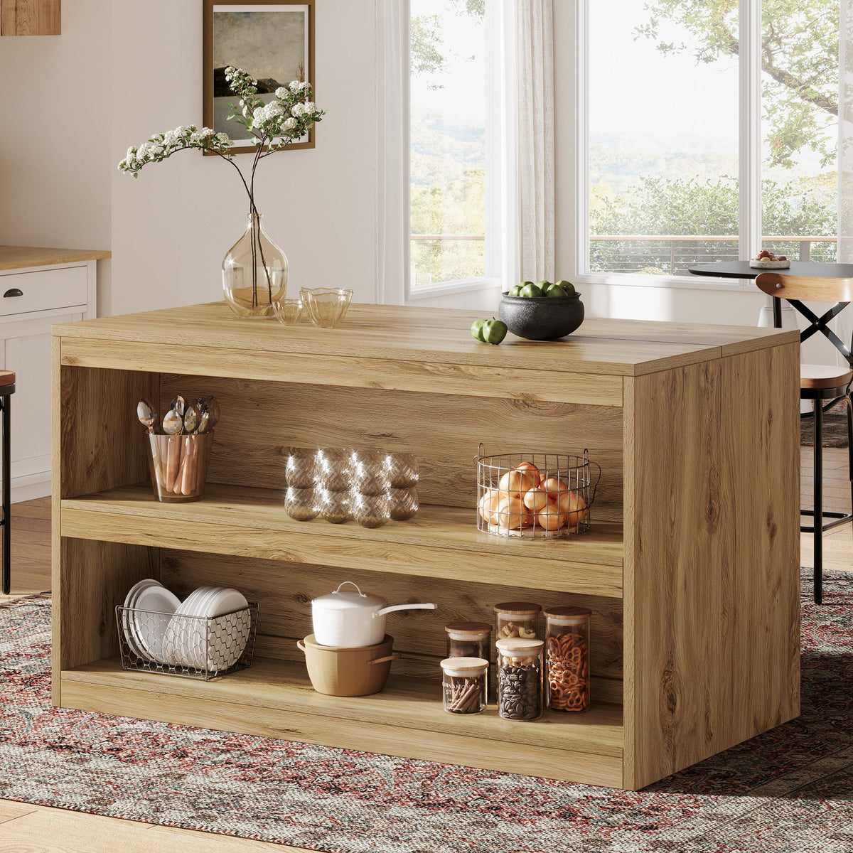 59" Kitchen Island, 3-Tier Farmhouse Stationary Island Table with Storage