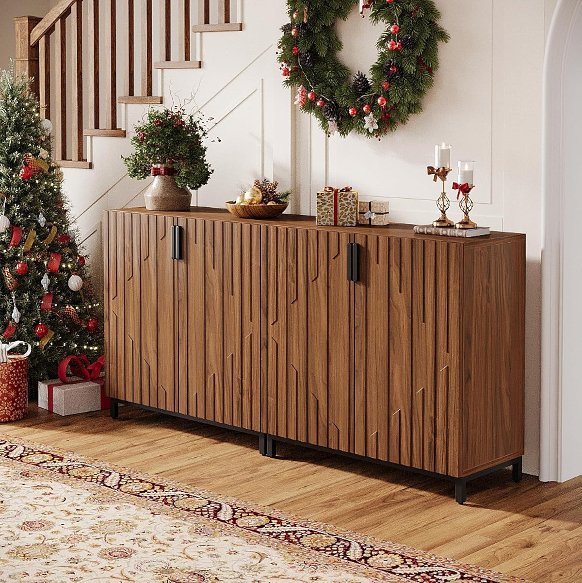 59" Sideboard Buffet, Modern Set of 2 Fluted Storage Cabinet Accent Coffee Bar Cabinet