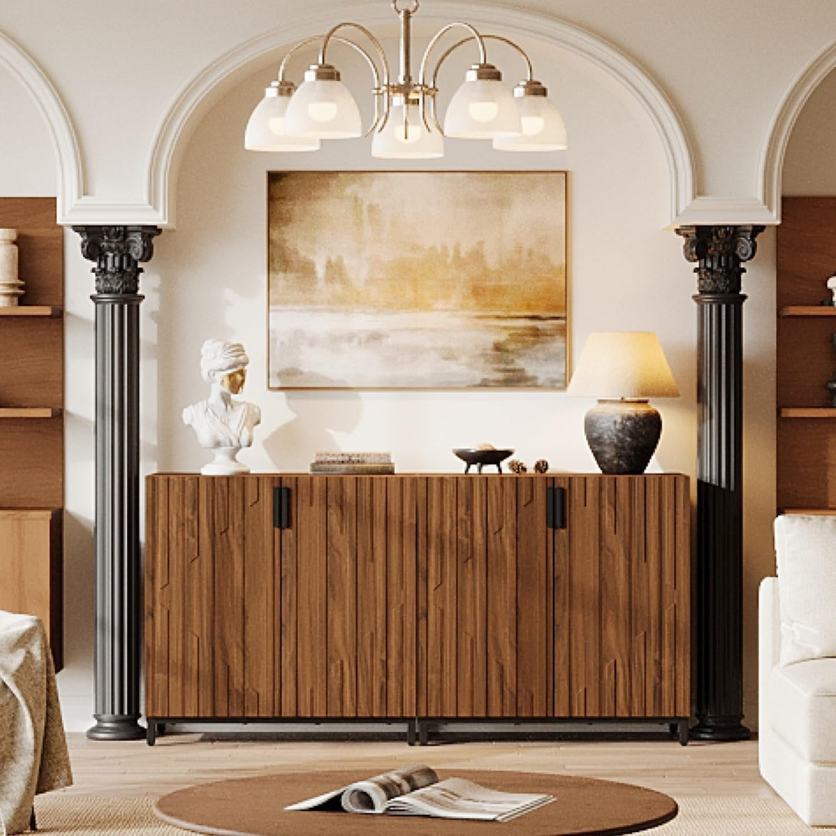 59" Sideboard Buffet, Modern Set of 2 Fluted Storage Cabinet Accent Coffee Bar Cabinet