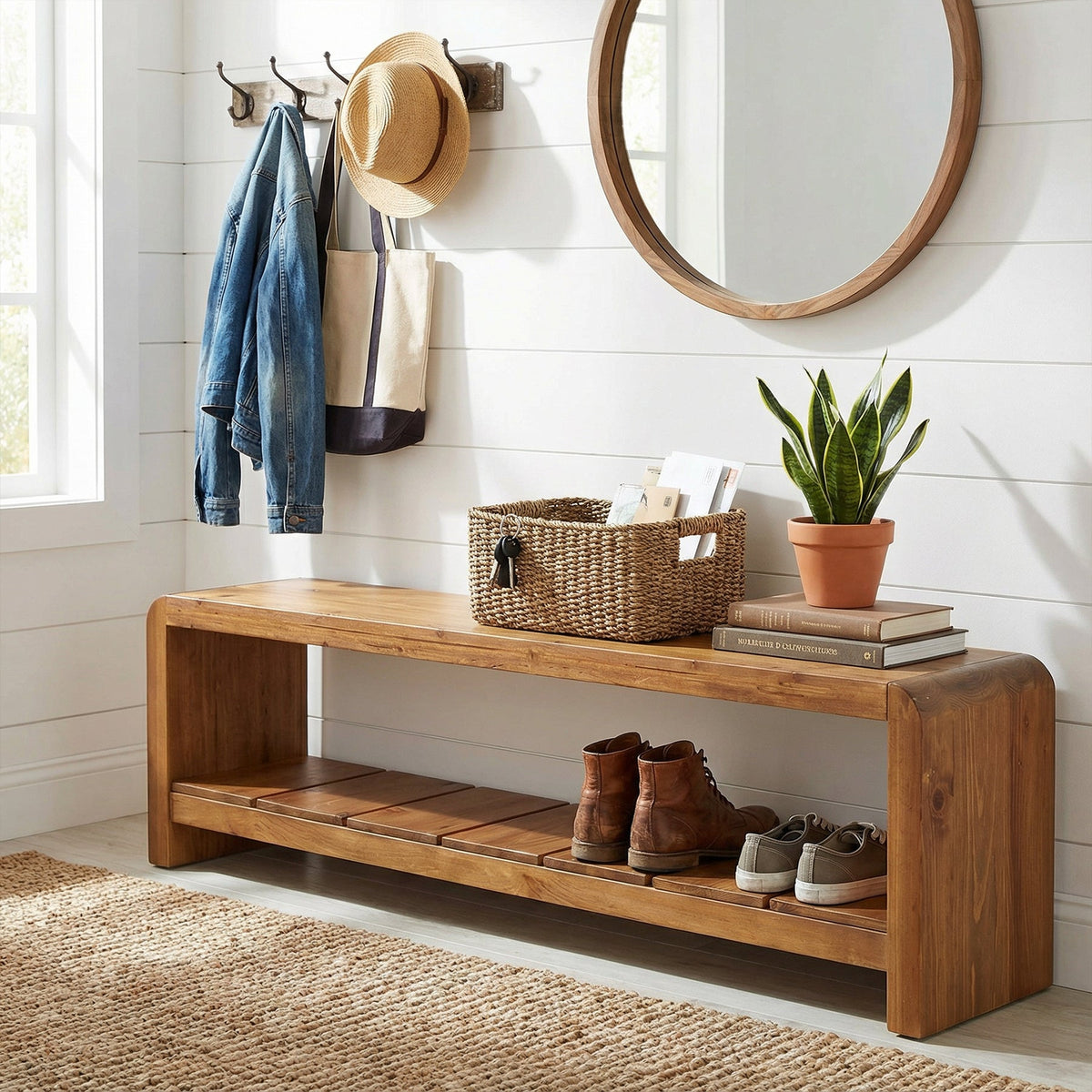 59" Solid Wood Entryway Bench, Farmhouse End of Bed Seating Shoe Bench with Storage