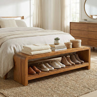 59" Solid Wood Entryway Bench, Farmhouse End of Bed Seating Shoe Bench with Storage