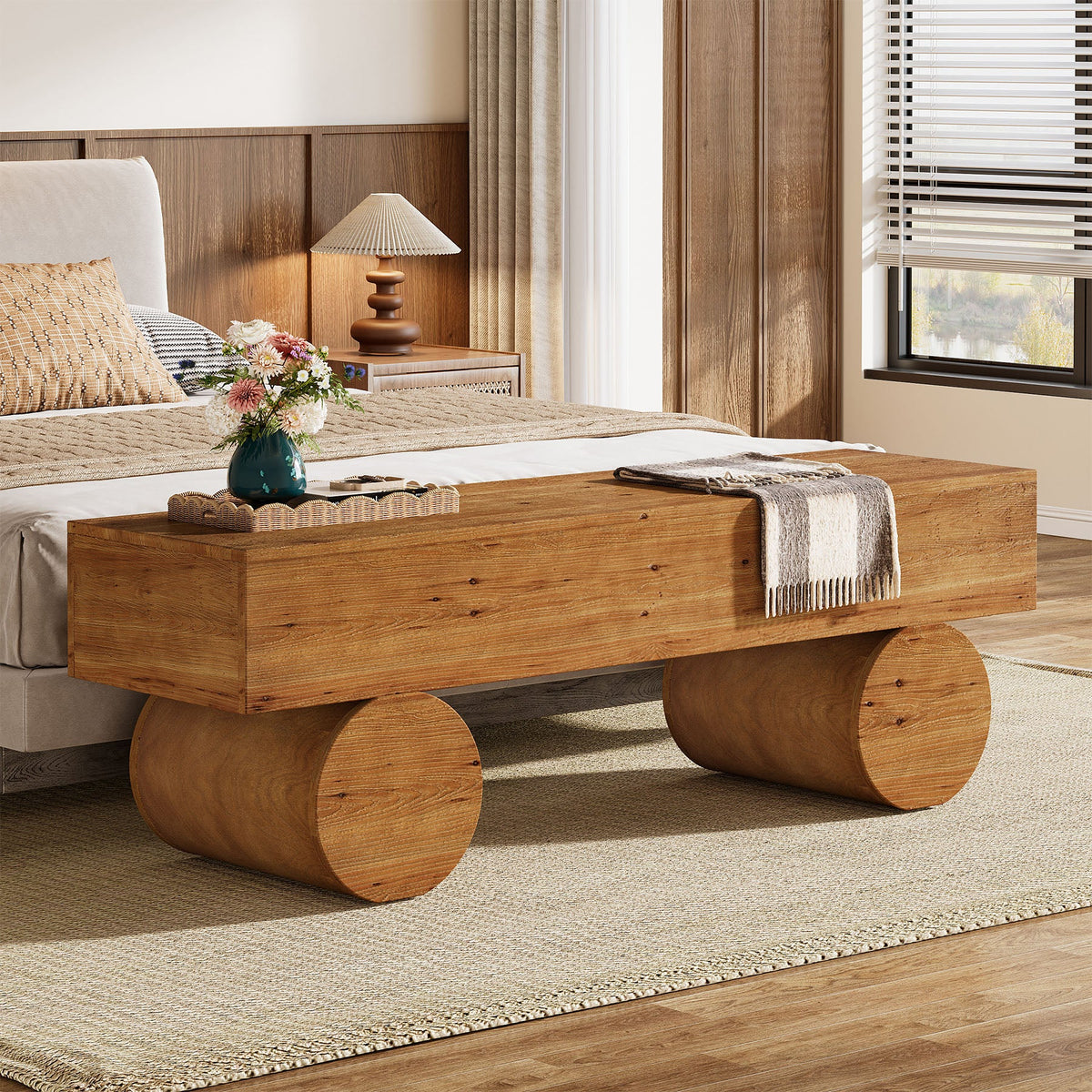 59" Wood Entryway Bench, Narrow Shoe Bench Seat End of Bed Bench with Cylindrical Legs