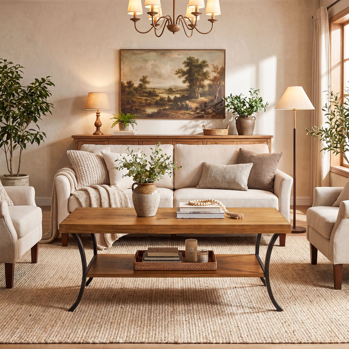 47.24" Solid Wood Coffee Table, 2-Tier Rectangular Center Table with Curved Metal Legs
