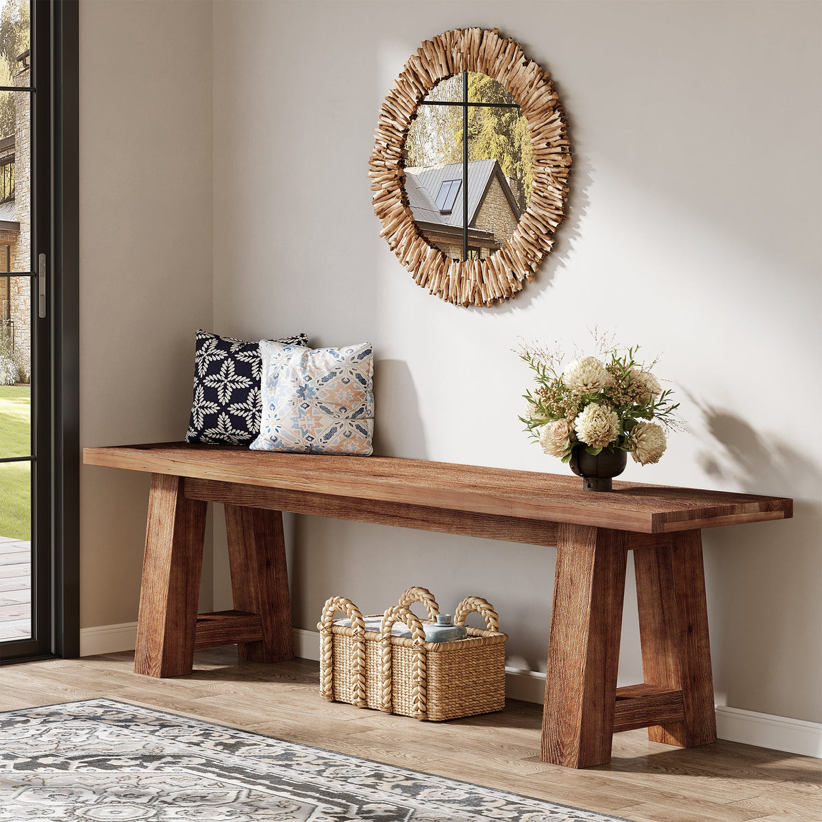 55" Solid Wood Bench, Farmhouse Shoe Entryway Bench for Living Room