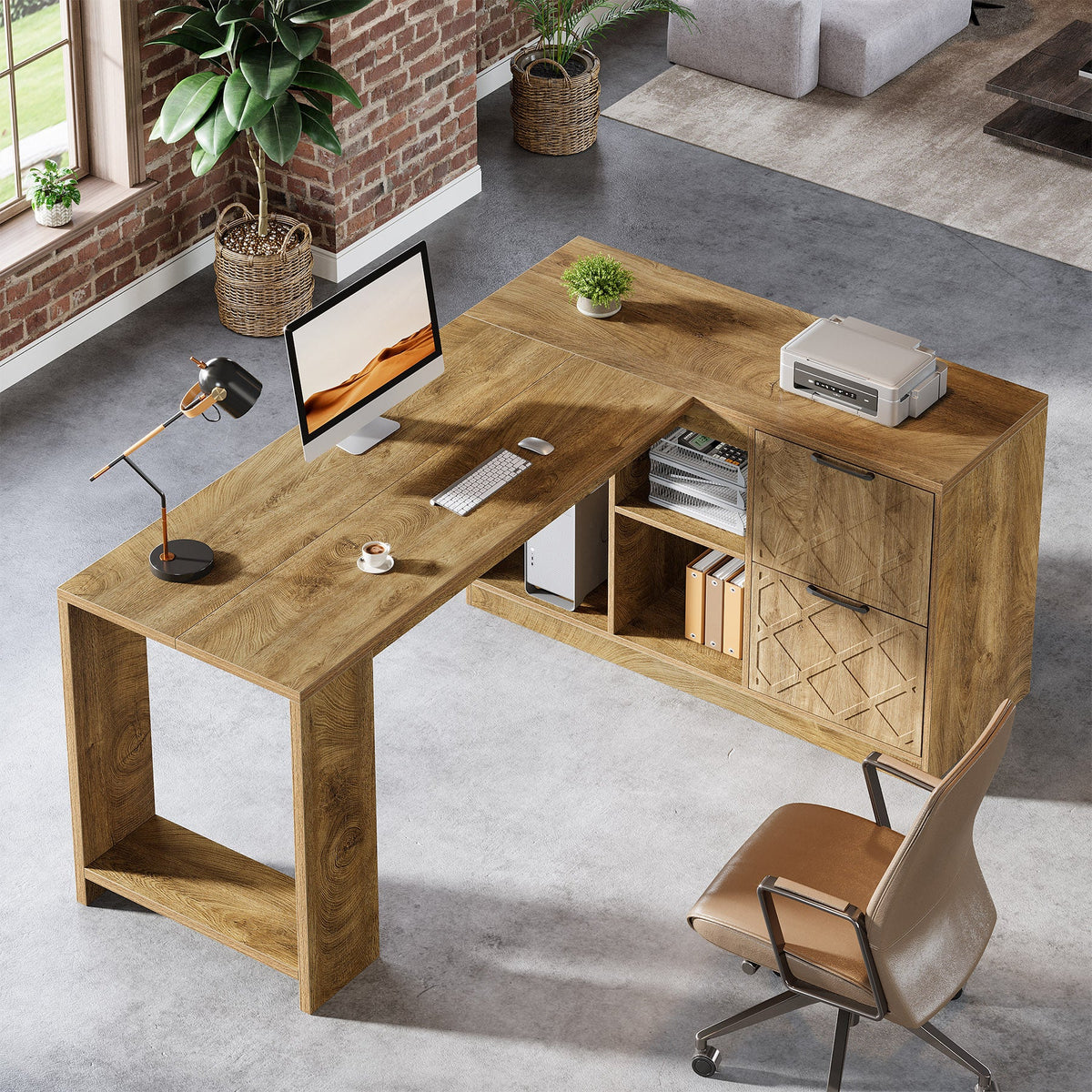 L-Shaped Executive Desk,  63" Office Desk with File Cabinets and Shelves