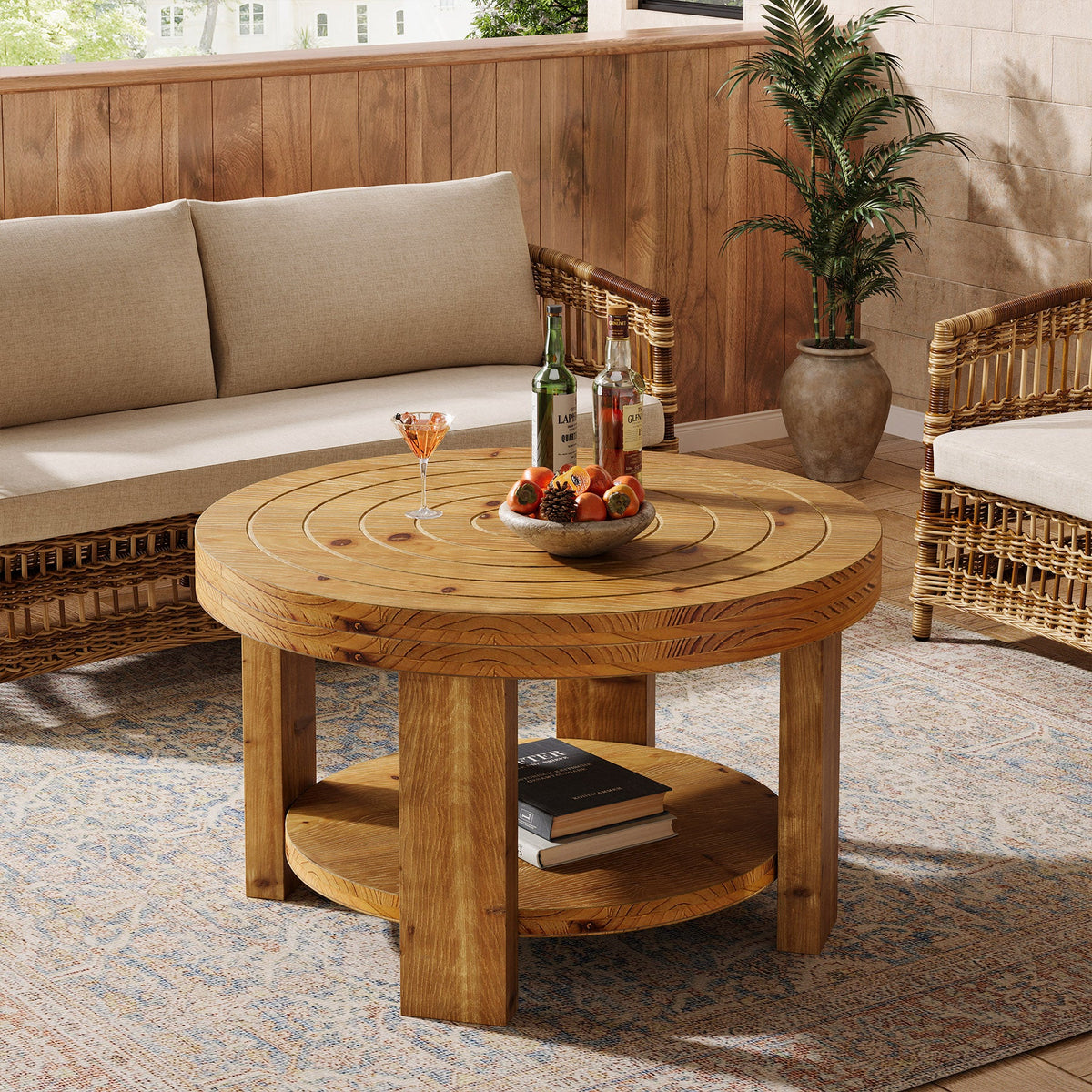 Round Solid Wood Coffee Table, 31.5" Center Table with 2-Tier Storage