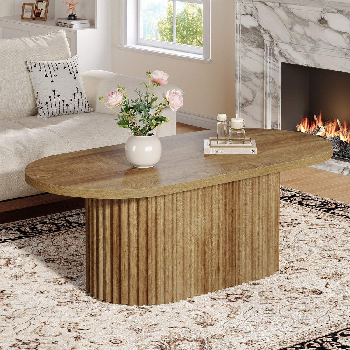 47.2" Oval Coffee Table, Farmhouse Center Table with Fluted Design ...