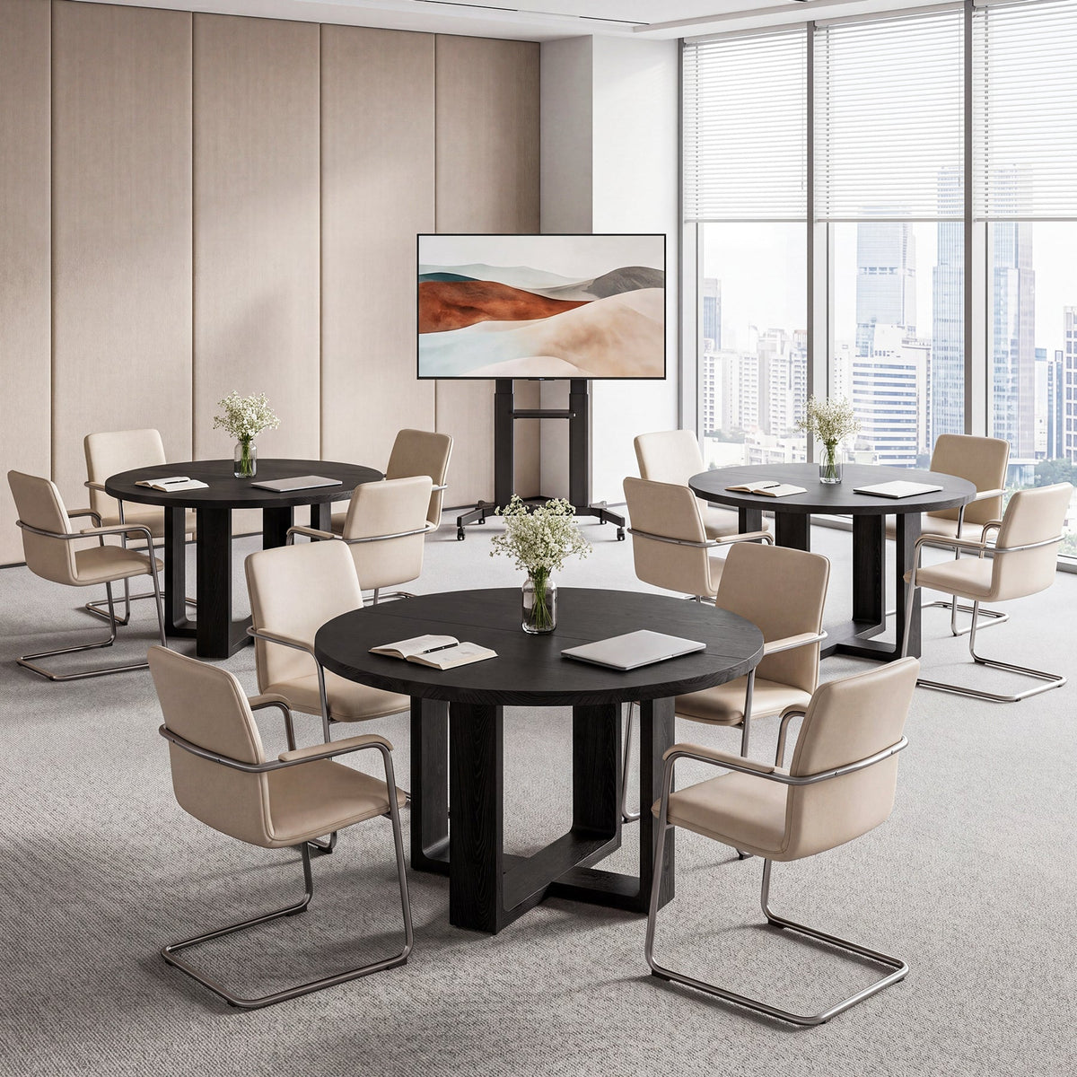 47.24" Black Solid Wood Conference Table, Round Meeting Table for 4–6 People with Cross-Shaped Base
