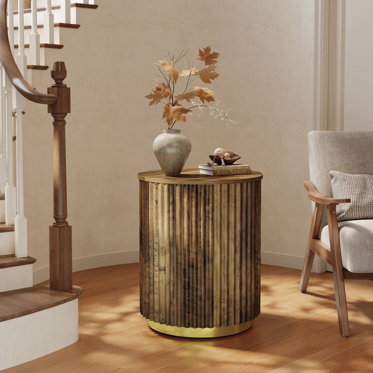 Fluted Round End Table, Small Side Table Nightstand for Living Room, Bedroom