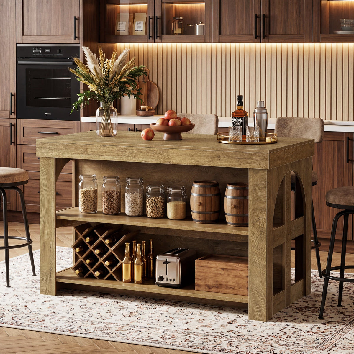 55" Kitchen Island with Storage, Large Stationary Island Bar Table with 3 Shelves