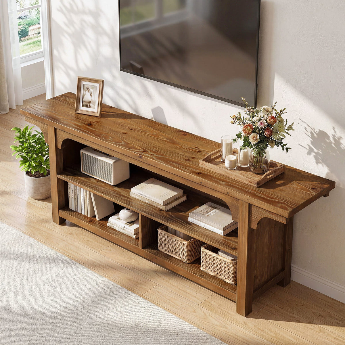 63" Solid Wood TV Stand for 55/65/70"TVs, Farmhouse Entertainment Center with 3 Storage