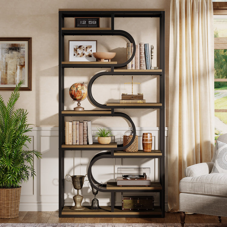 71" Bookshelf, Industrial Etagere Bookcase with Open Storage Shelves