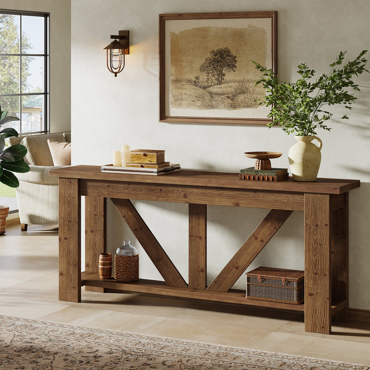 70.9" Solid Wood Console Table,  2-Tier Sofa Table Behind Couch with Storage