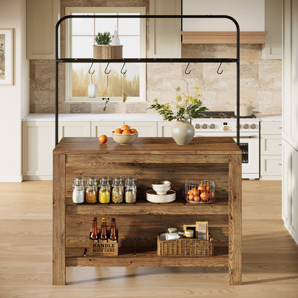 47" Solid Wood Kitchen Island Table with Storage and 5 Hooks